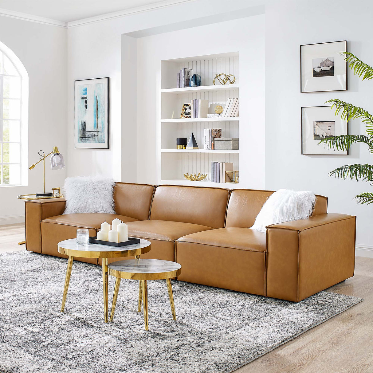 3-Piece Vegan Leather French Piping Sofa 123 Inch in Tan