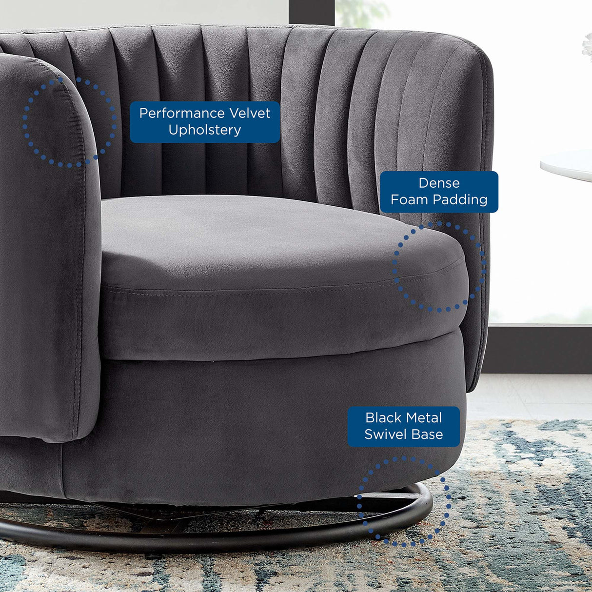 34 Inch Vertical Channel Tufted Performance Velvet Swivel Accent Chair with Black Metal Base