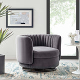 34 Inch Vertical Channel Tufted Performance Velvet Swivel Accent Chair with Black Metal Base