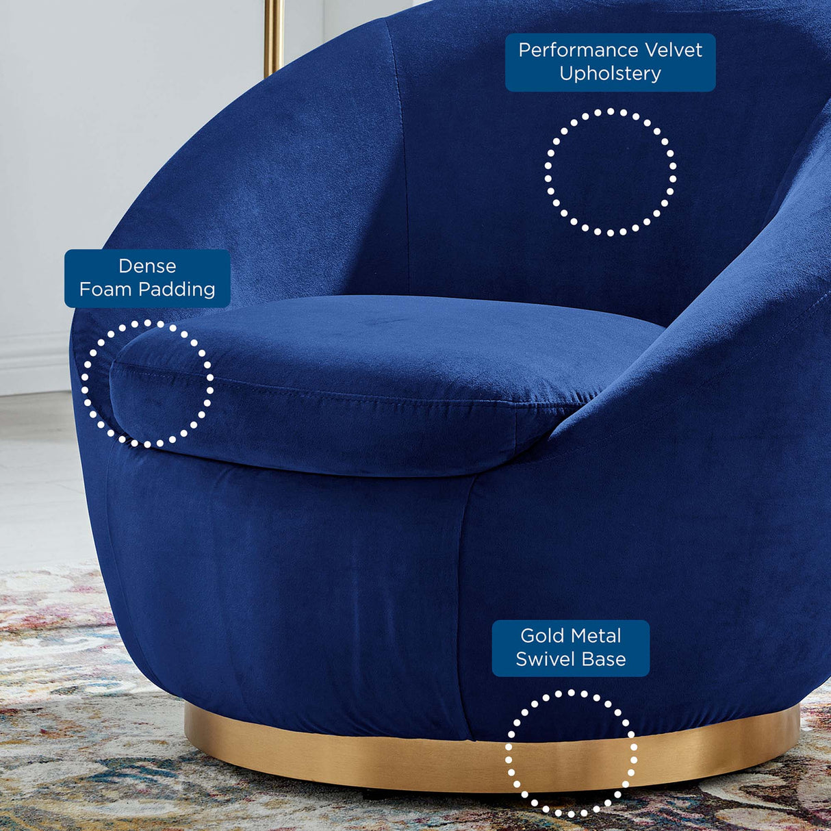32 Inch Buttercup Performance Velvet Swivel Accent Chair with Gold Metal Base