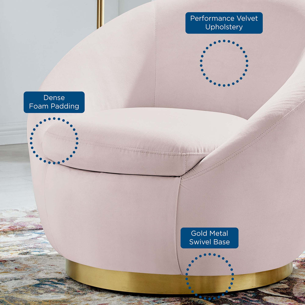 32 Inch Buttercup Performance Velvet Swivel Accent Chair with Gold Metal Base
