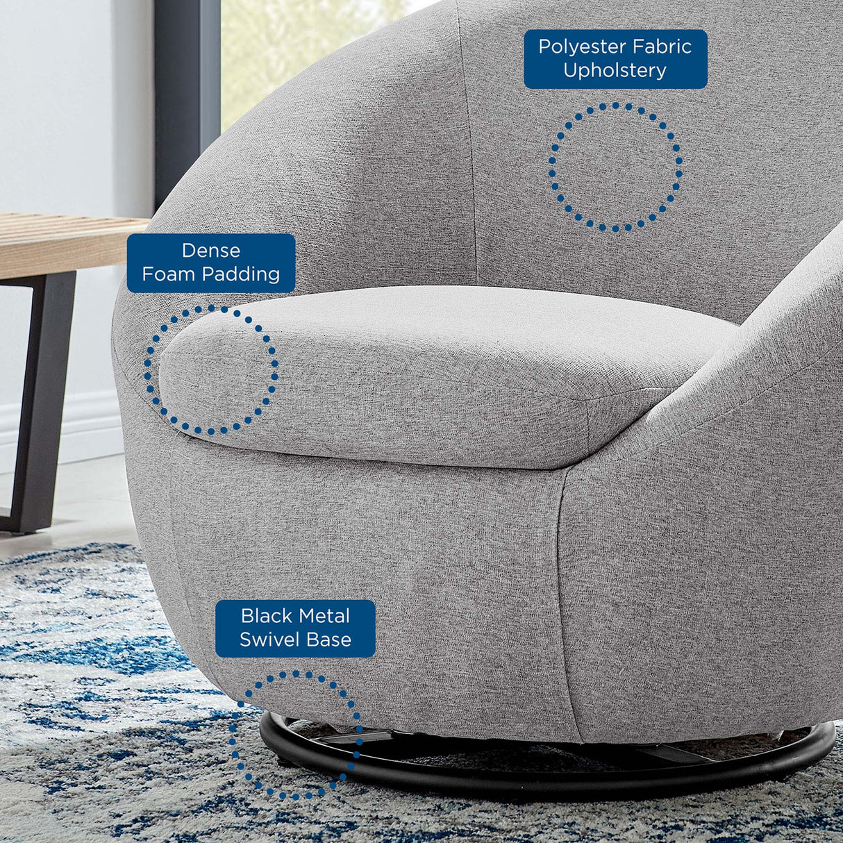 32 Inch Upholstered Fabric Swivel Accent Chair with Black Metal Base