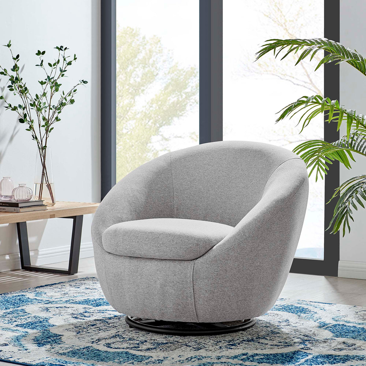 32 Inch Upholstered Fabric Swivel Accent Chair with Black Metal Base