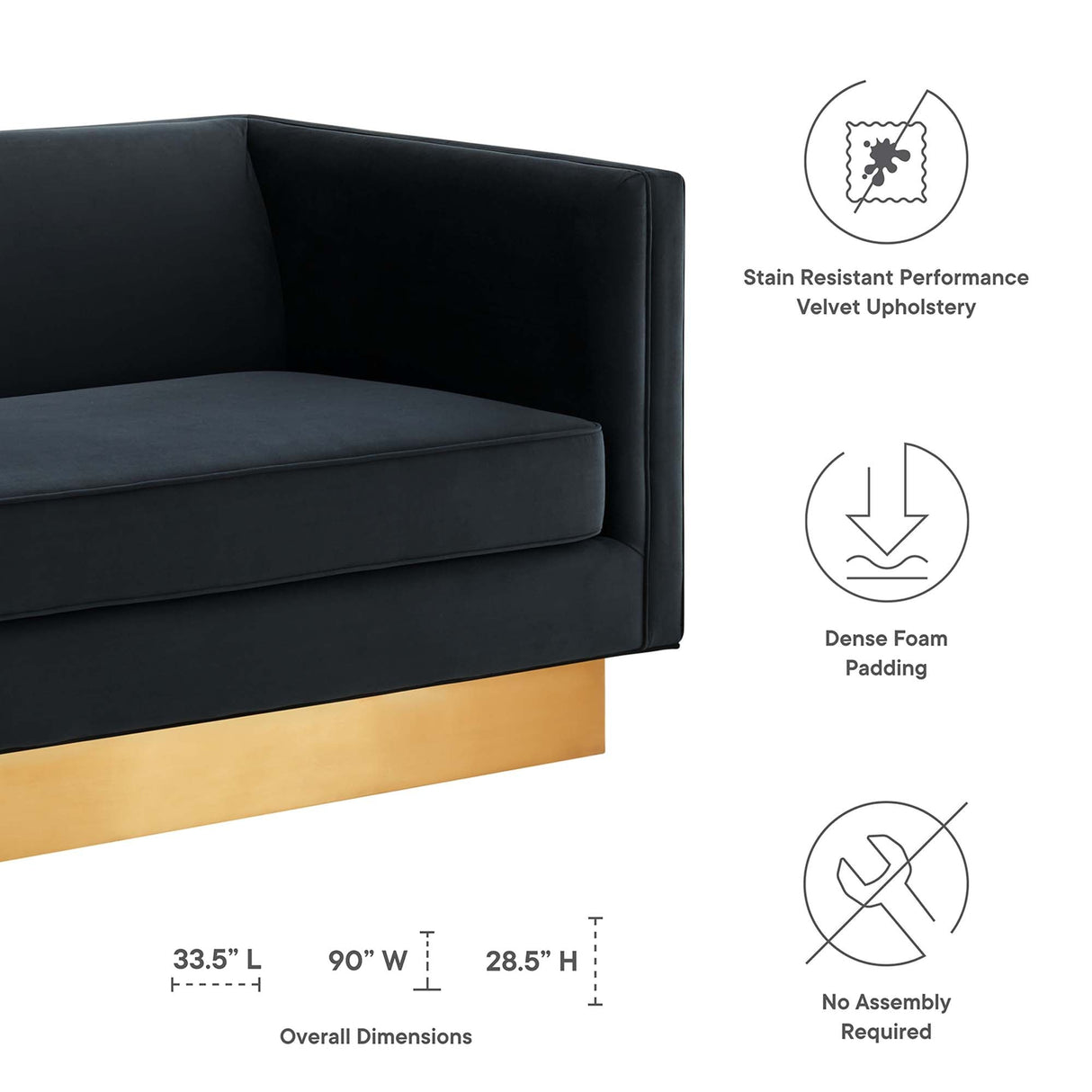 Asymmetrical Performance Velvet Sofa with Gold Inset Rim
