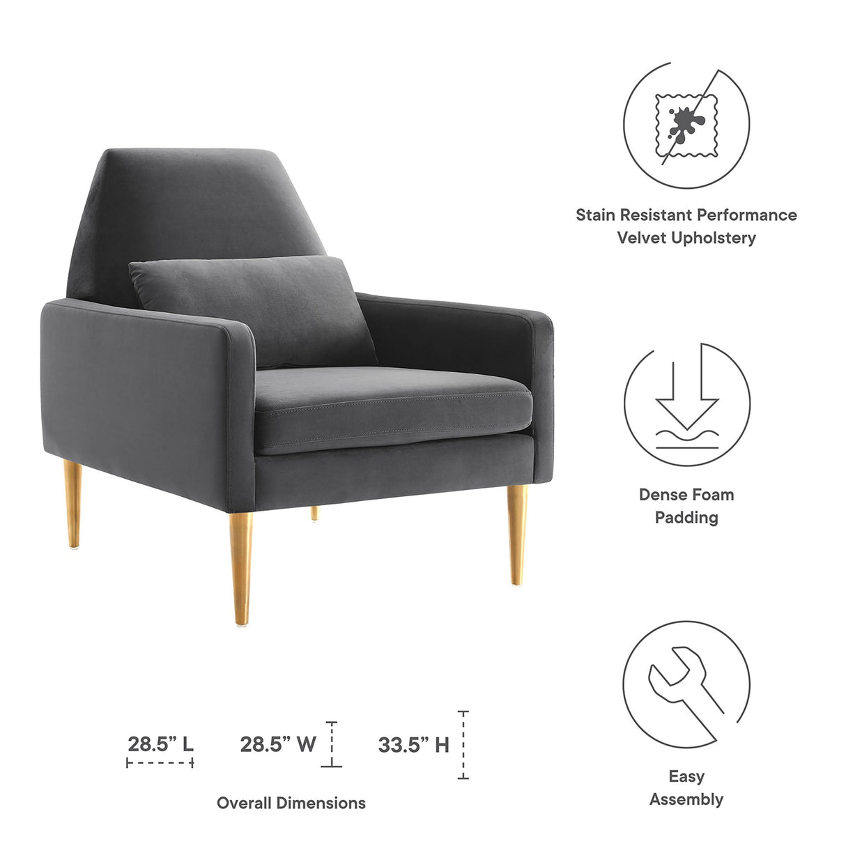 29 Inch Performance Velvet Armchair with Gold Stainless Steel Legs