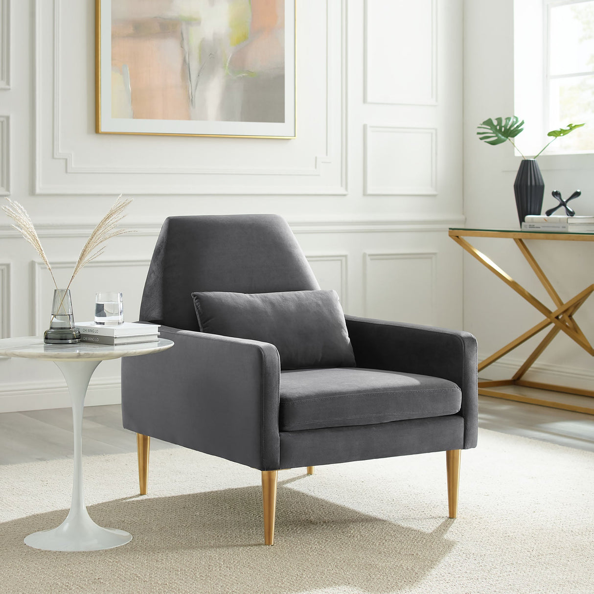 29 Inch Performance Velvet Armchair with Gold Stainless Steel Legs