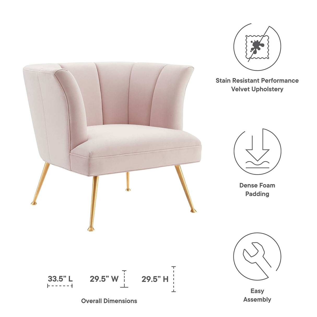 30 Inch Channel Tufted Performance Velvet Armchair with Gold Legs
