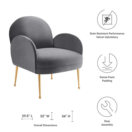32 Inch Performance Velvet Armchair with Gold Stainless Steel Legs