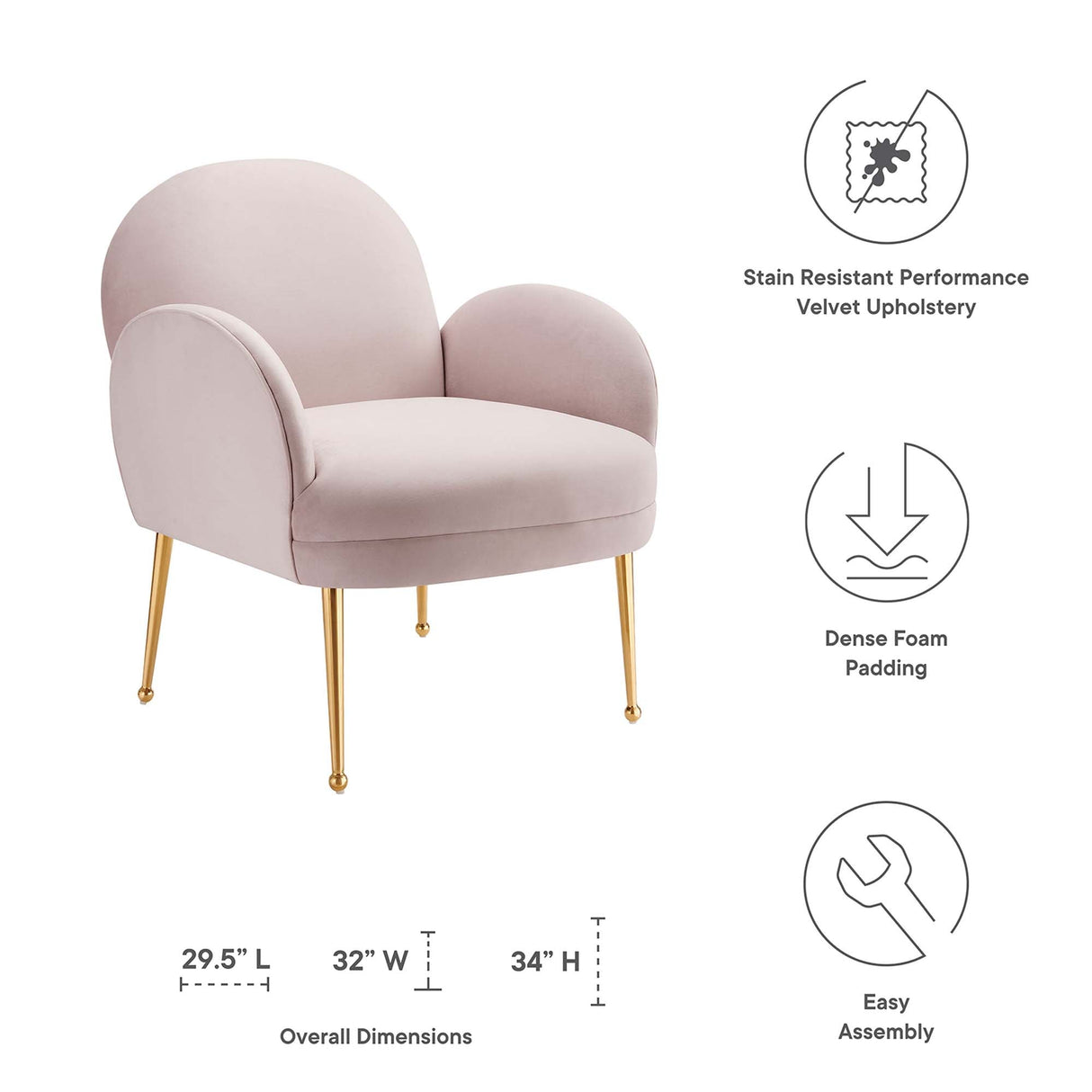 32 Inch Performance Velvet Armchair with Gold Stainless Steel Legs