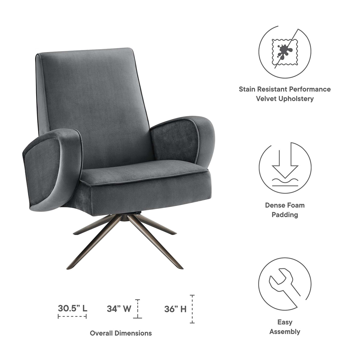 31 Inch Performance Velvet Swivel Chair with Stainless Steel Base