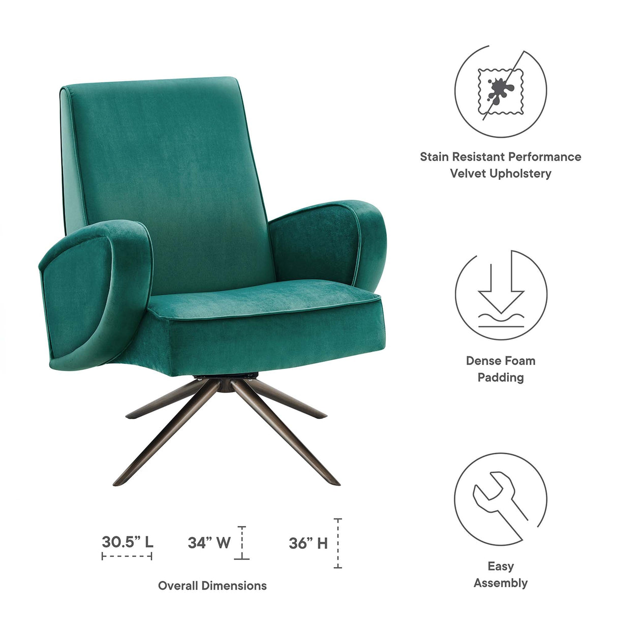 31 Inch Performance Velvet Swivel Chair with Stainless Steel Base