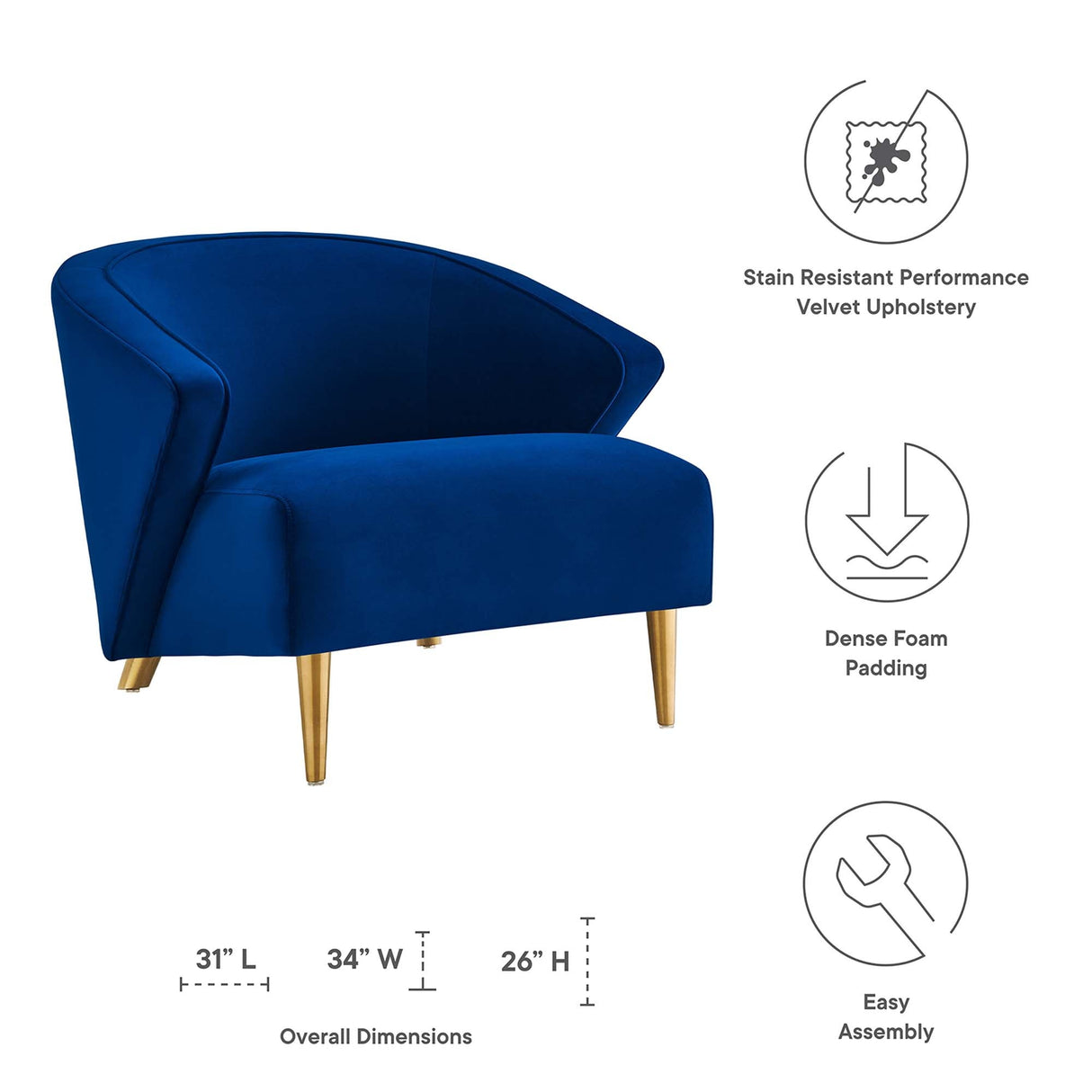 31 Inch Performance Velvet Armchair with Brushed Gold Legs