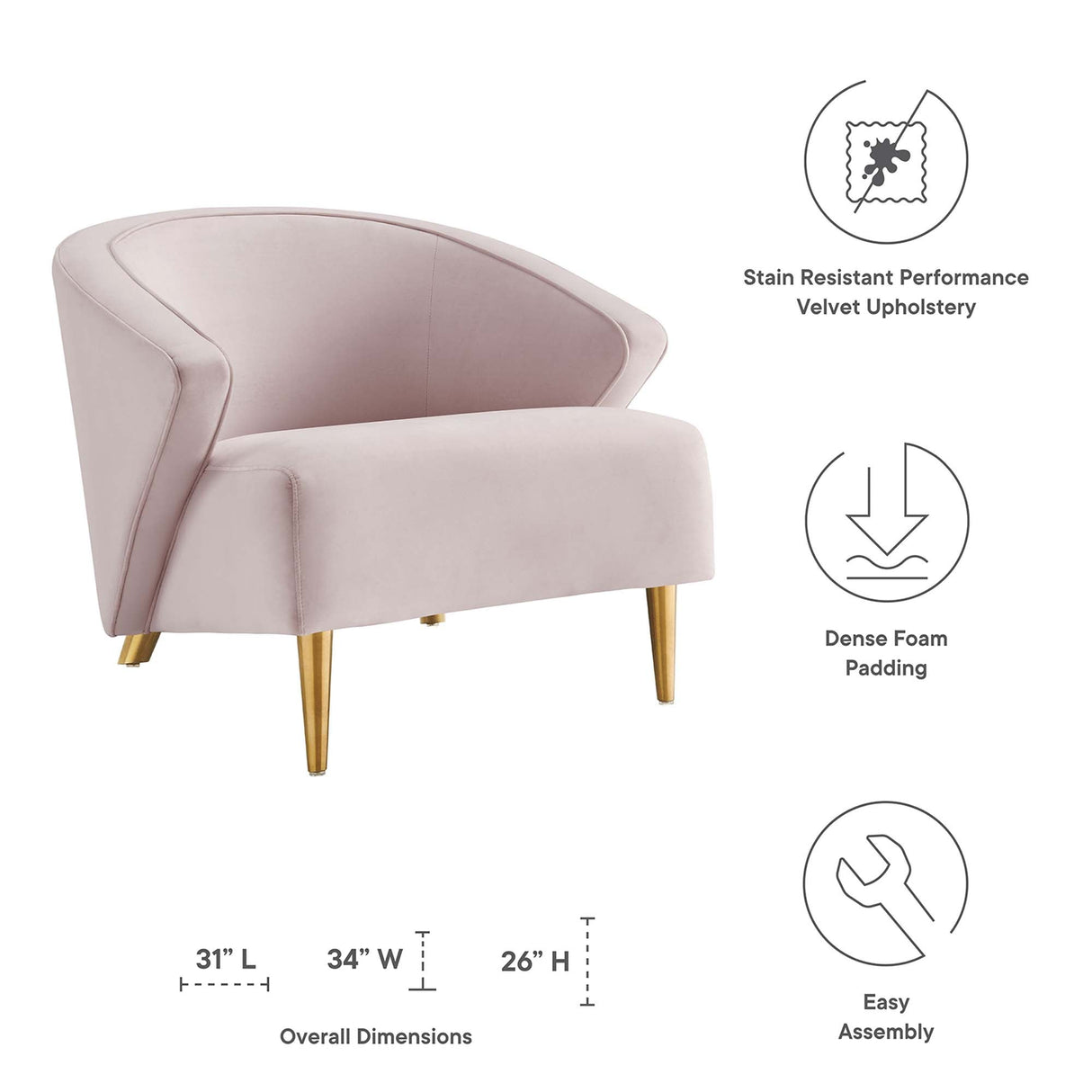 31 Inch Performance Velvet Armchair with Brushed Gold Legs