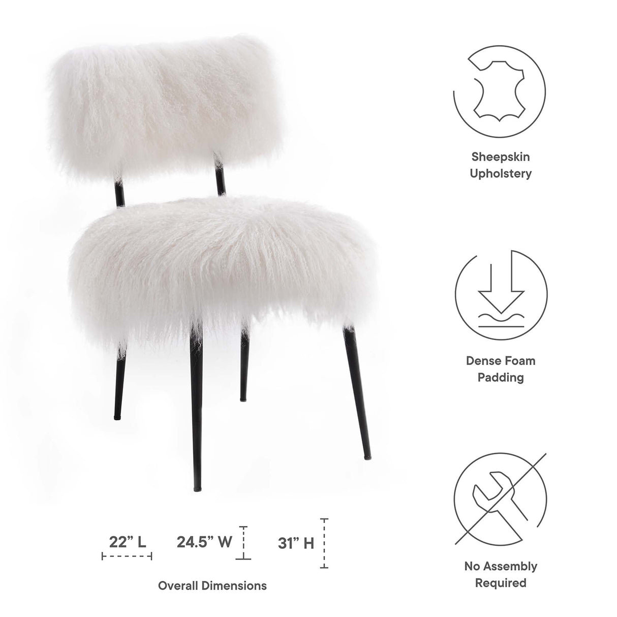 22 Inch Mid-Century Sheepskin Accent Chair in White
