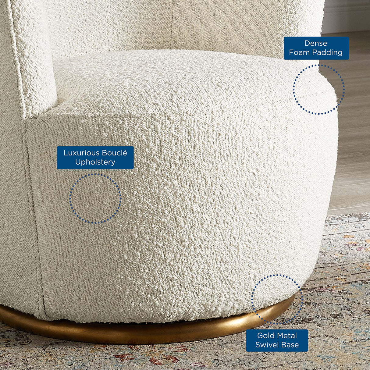 30 Inch Boucle Upholstered Swivel Chair in White with Gold Base