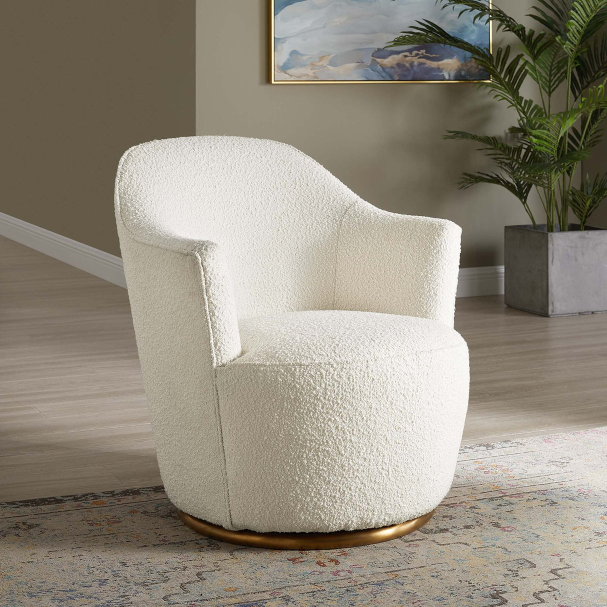 30 Inch Boucle Upholstered Swivel Chair in White with Gold Base