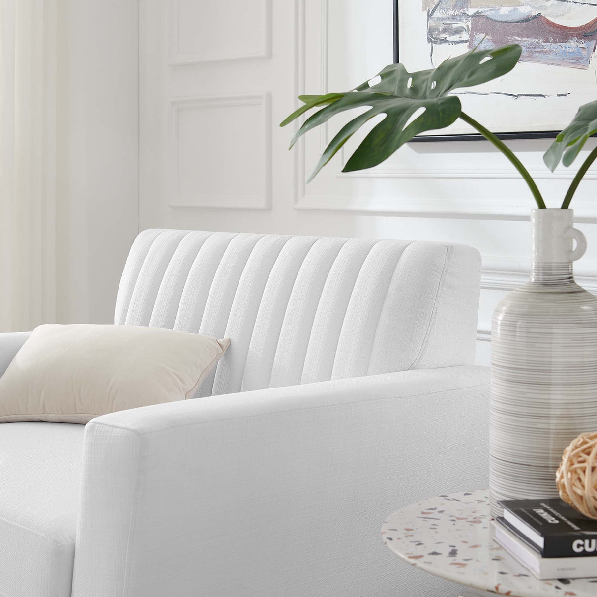 36 Inch Channel Tufted Upholstered Fabric Armchair in White