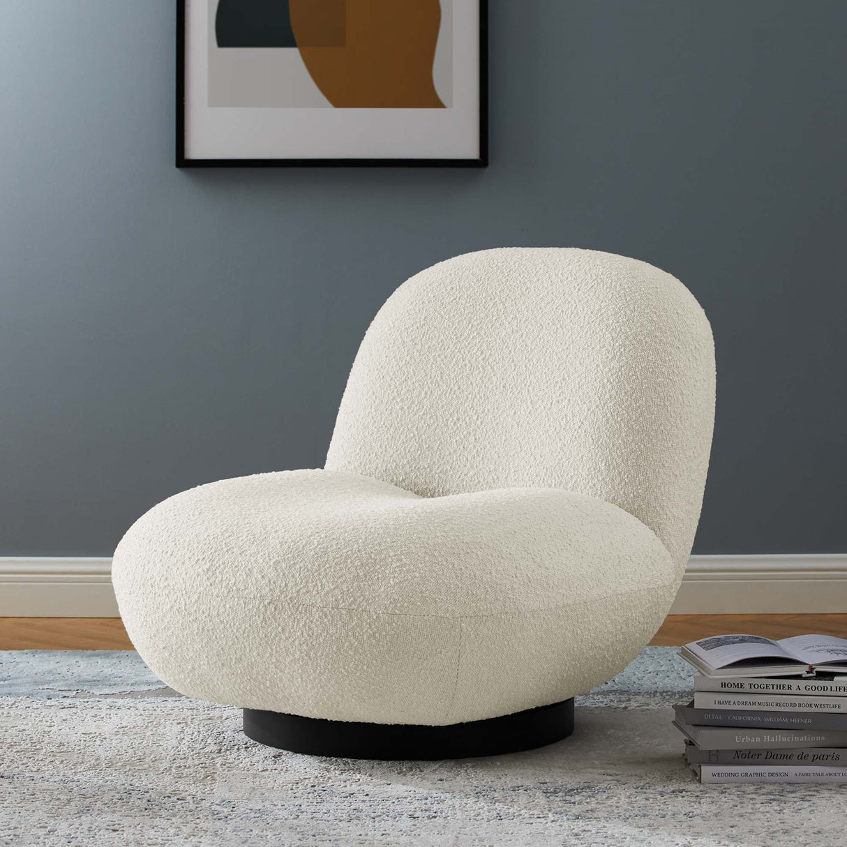 31 Inch Boucle Fabric Swivel Chair in Ivory
