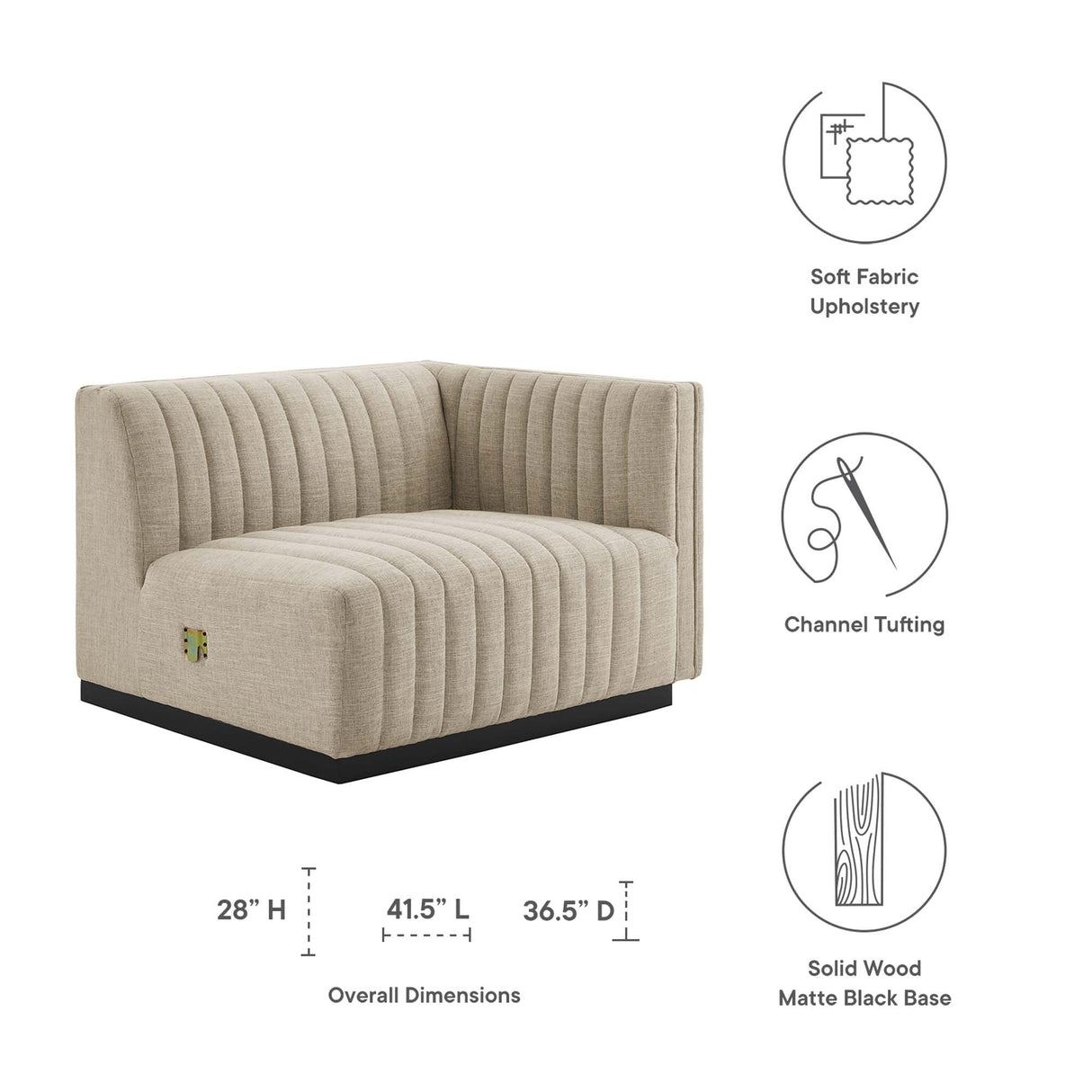 Channel Tufted Upholstered Fabric Right-Arm Sectional Chair 37 Inch