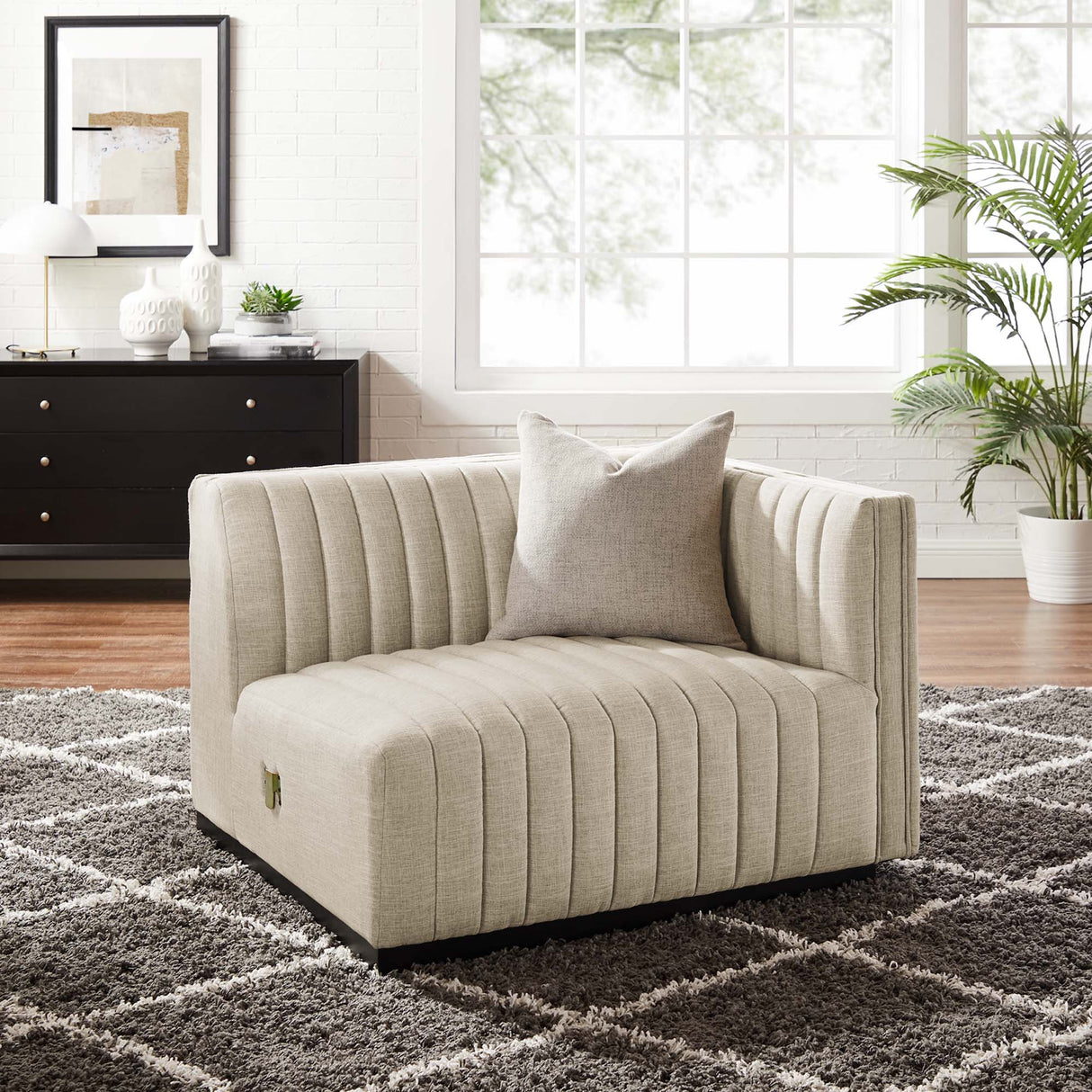 Channel Tufted Upholstered Fabric Right-Arm Sectional Chair 37 Inch