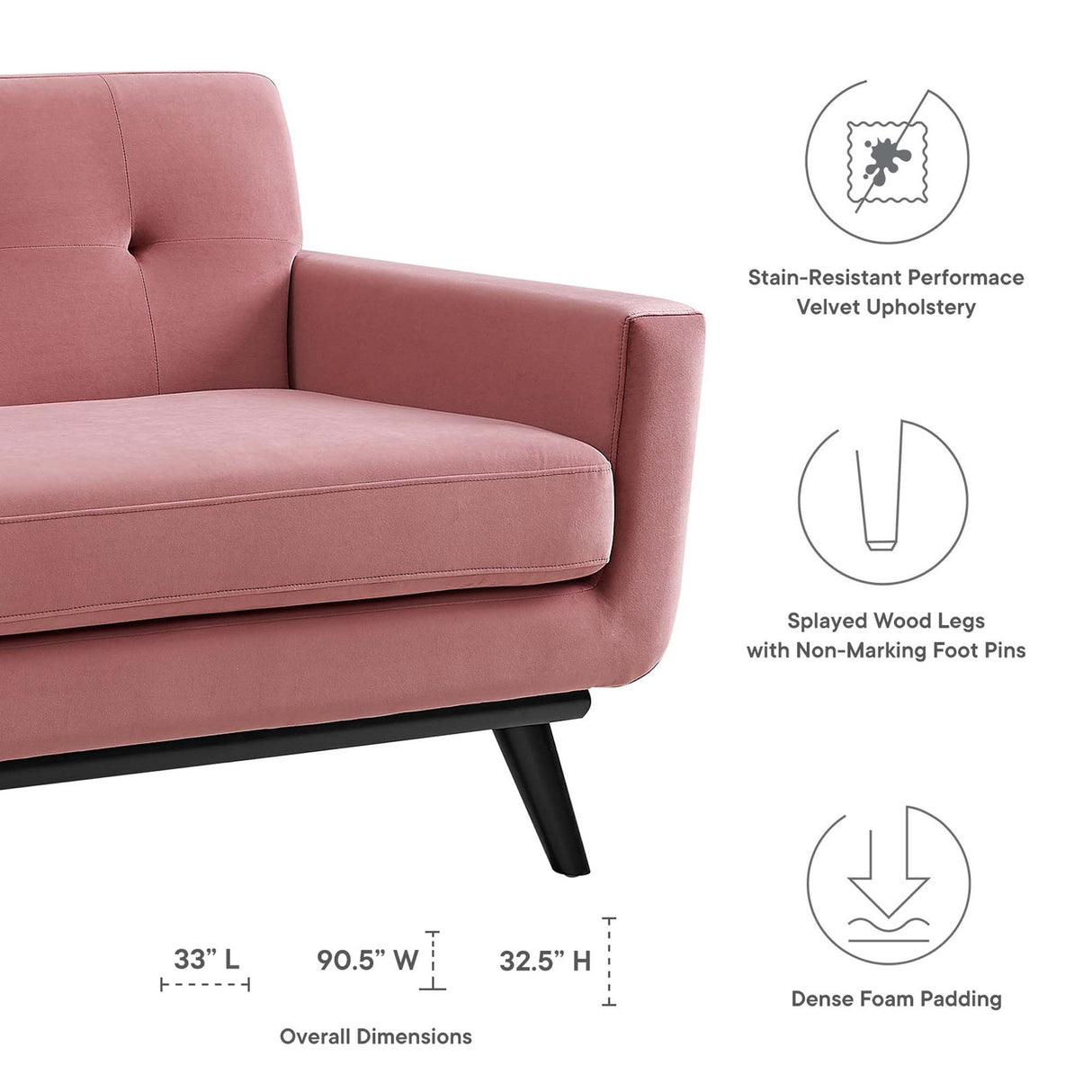 Three-Button Tufted Performance Velvet Sofa with Splayed Legs