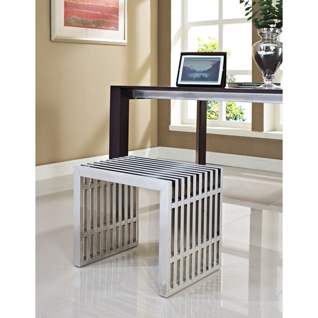19 Inch Tubular Stainless Steel Bench with Linear Conduit Design in Silver