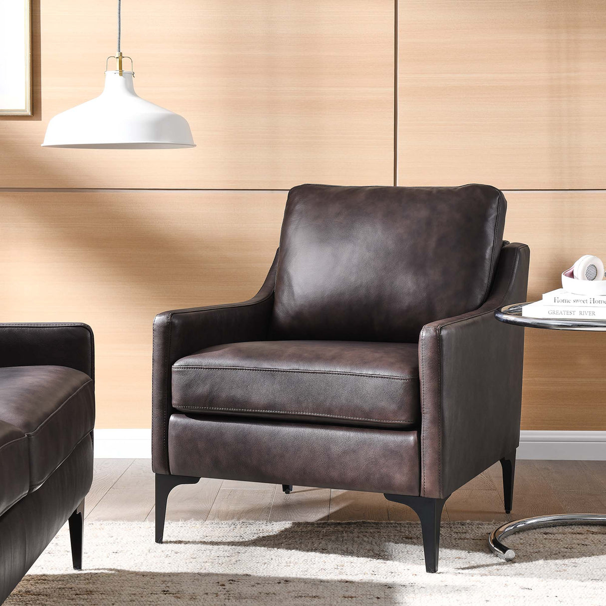 28 Inch Mid-Century Modern Top-Grain Leather Armchair
