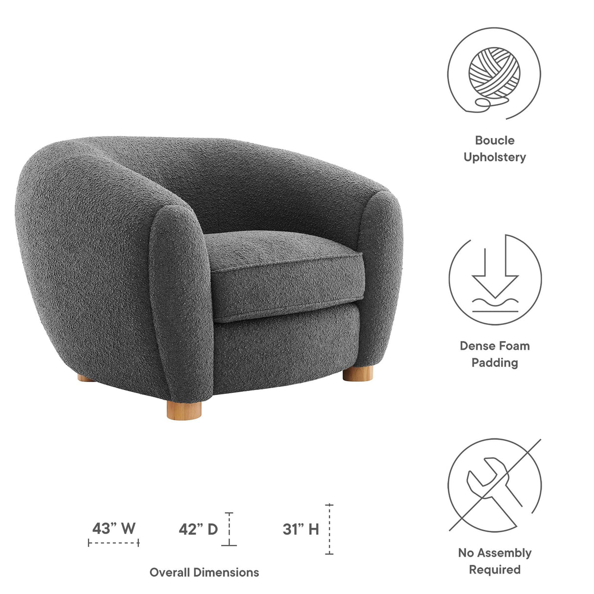 43 Inch Boucle Fabric Armchair in Charcoal