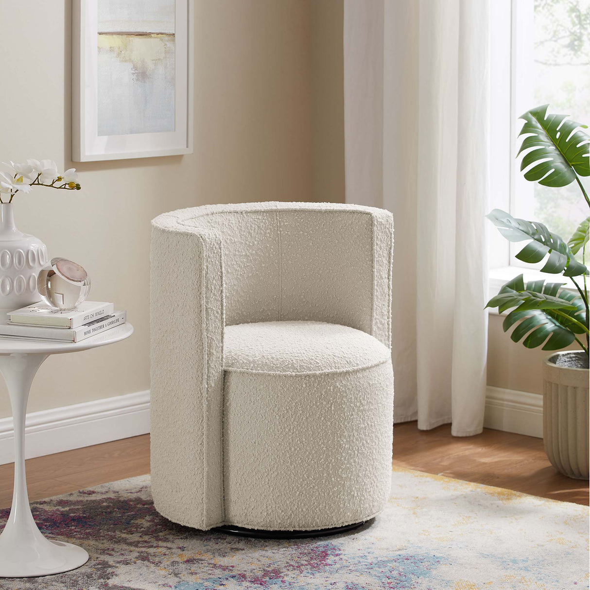 25 Inch Boucle Fabric Swivel Chair in Ivory