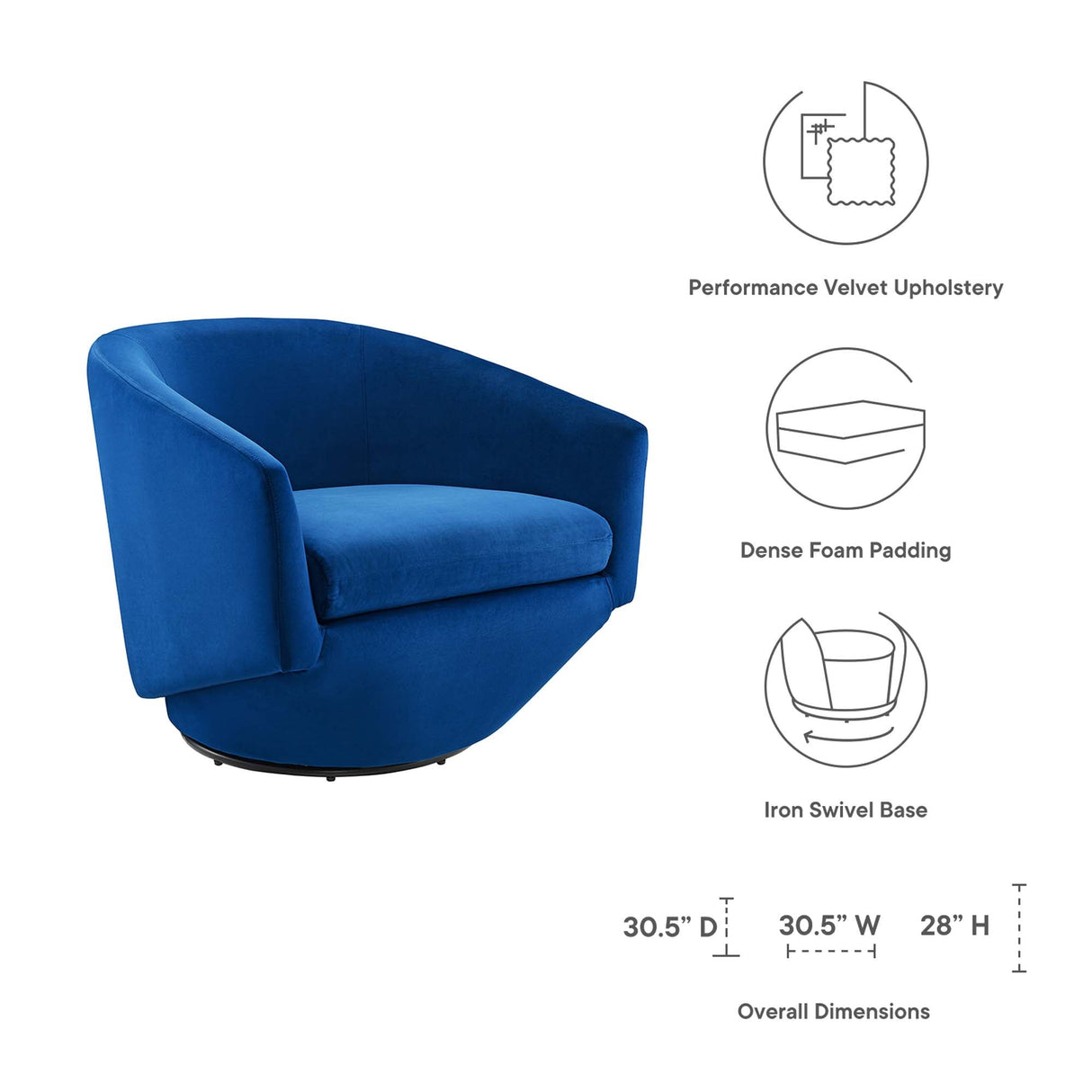 31 Inch Performance Velvet 360-Degree Swivel Accent Chair
