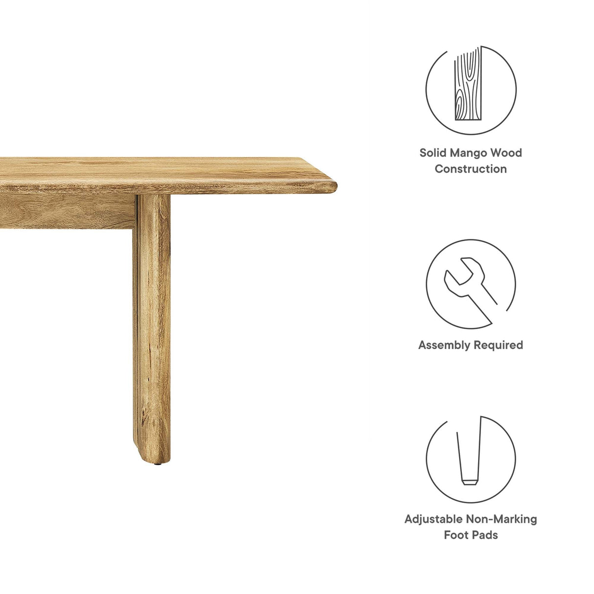 72 Inch Solid Mango Wood Dining Bench with Modern Farmhouse Design