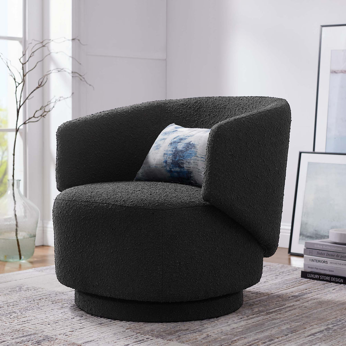 30 Inch Curved Boucle Fabric Swivel Accent Chair