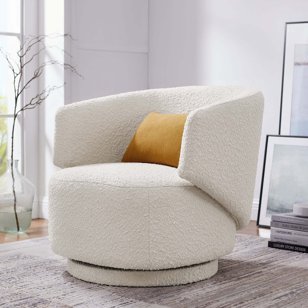 30 Inch Curved Boucle Fabric Swivel Accent Chair