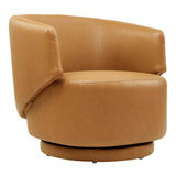 30 Inch Curved Vegan Leather Swivel Accent Chair in Tan