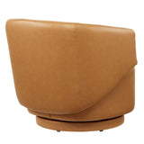 30 Inch Curved Vegan Leather Swivel Accent Chair in Tan