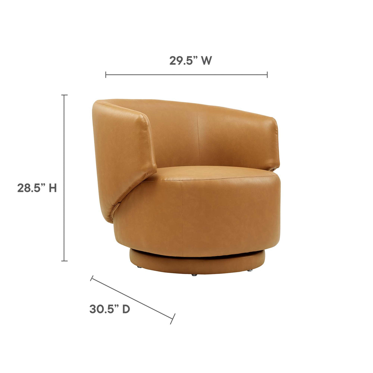 30 Inch Curved Vegan Leather Swivel Accent Chair in Tan