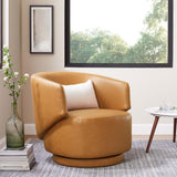 30 Inch Curved Vegan Leather Swivel Accent Chair in Tan
