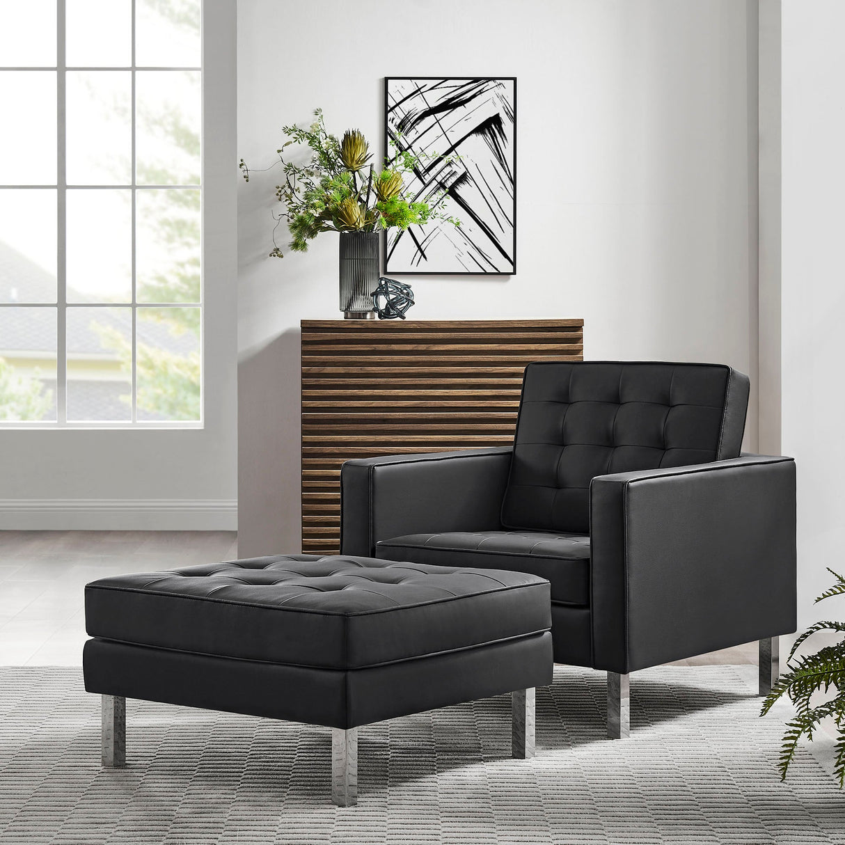 58 Inch Tufted Vegan Leather Armchair and Ottoman Set