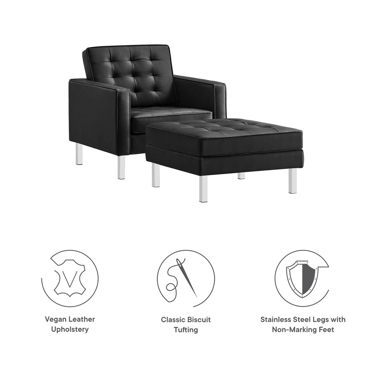 58 Inch Tufted Vegan Leather Armchair and Ottoman Set
