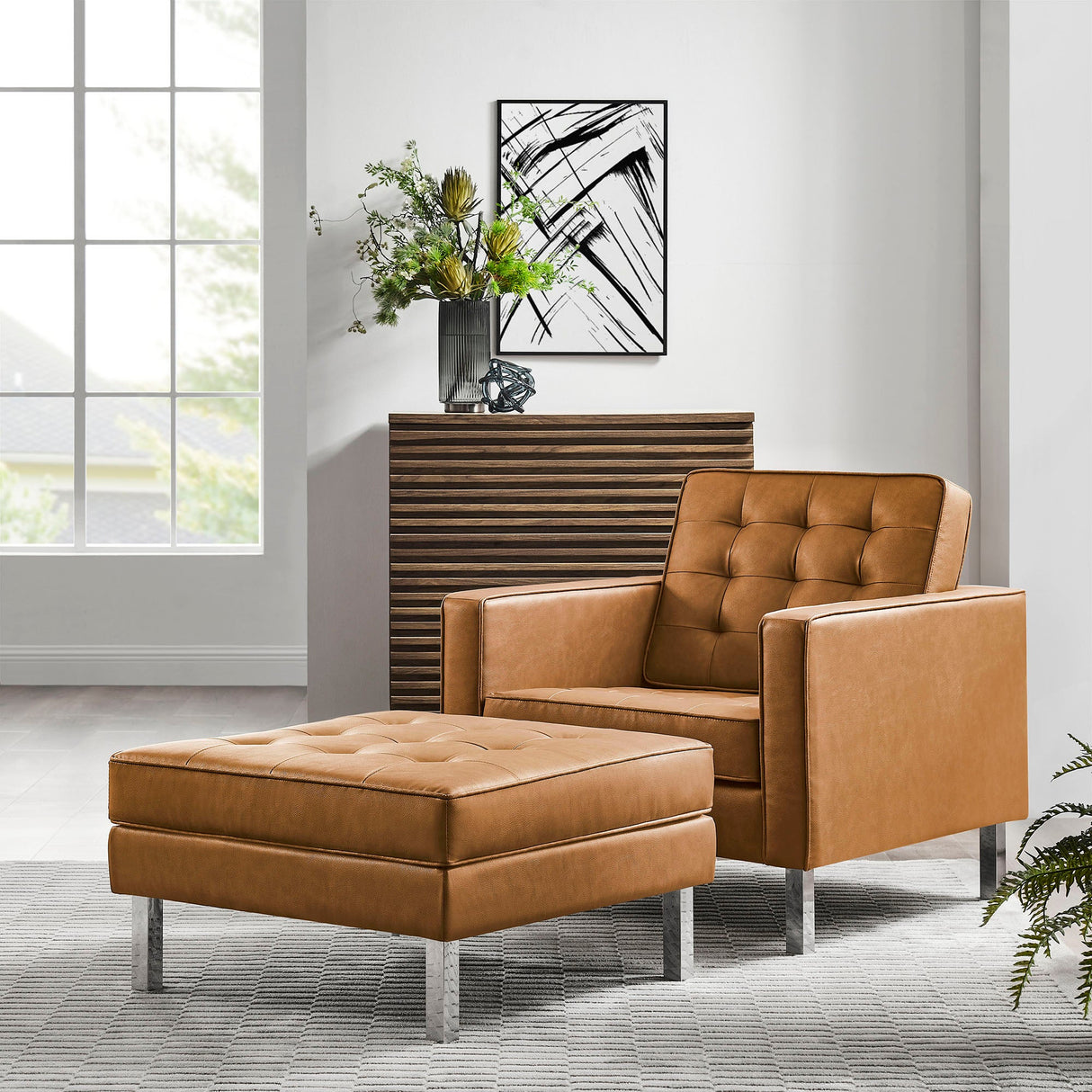 58 Inch Tufted Vegan Leather Armchair and Ottoman Set