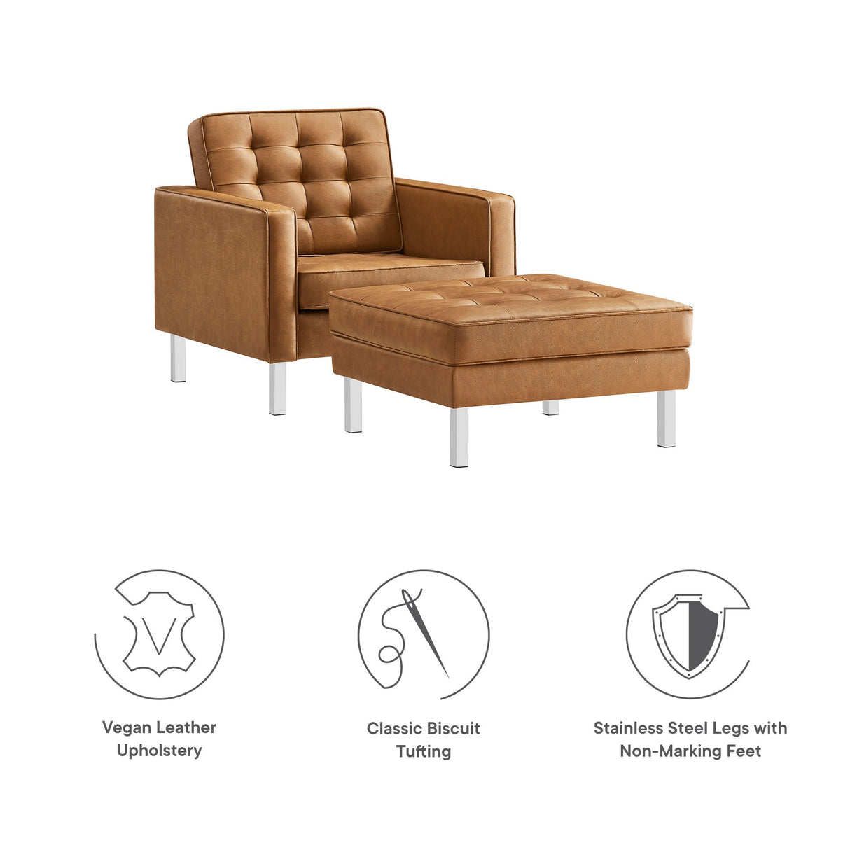 58 Inch Tufted Vegan Leather Armchair and Ottoman Set