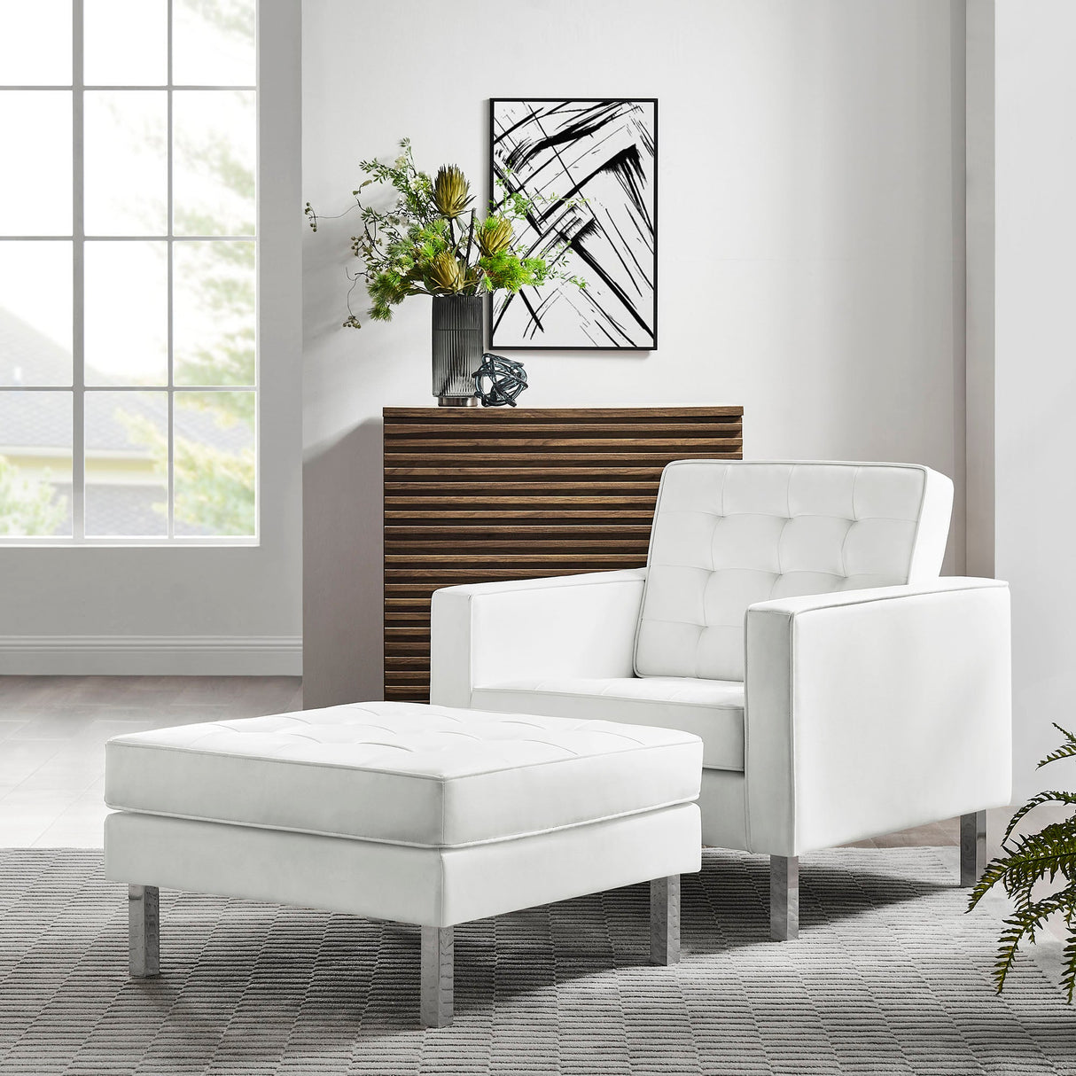 58 Inch Tufted Vegan Leather Armchair and Ottoman Set