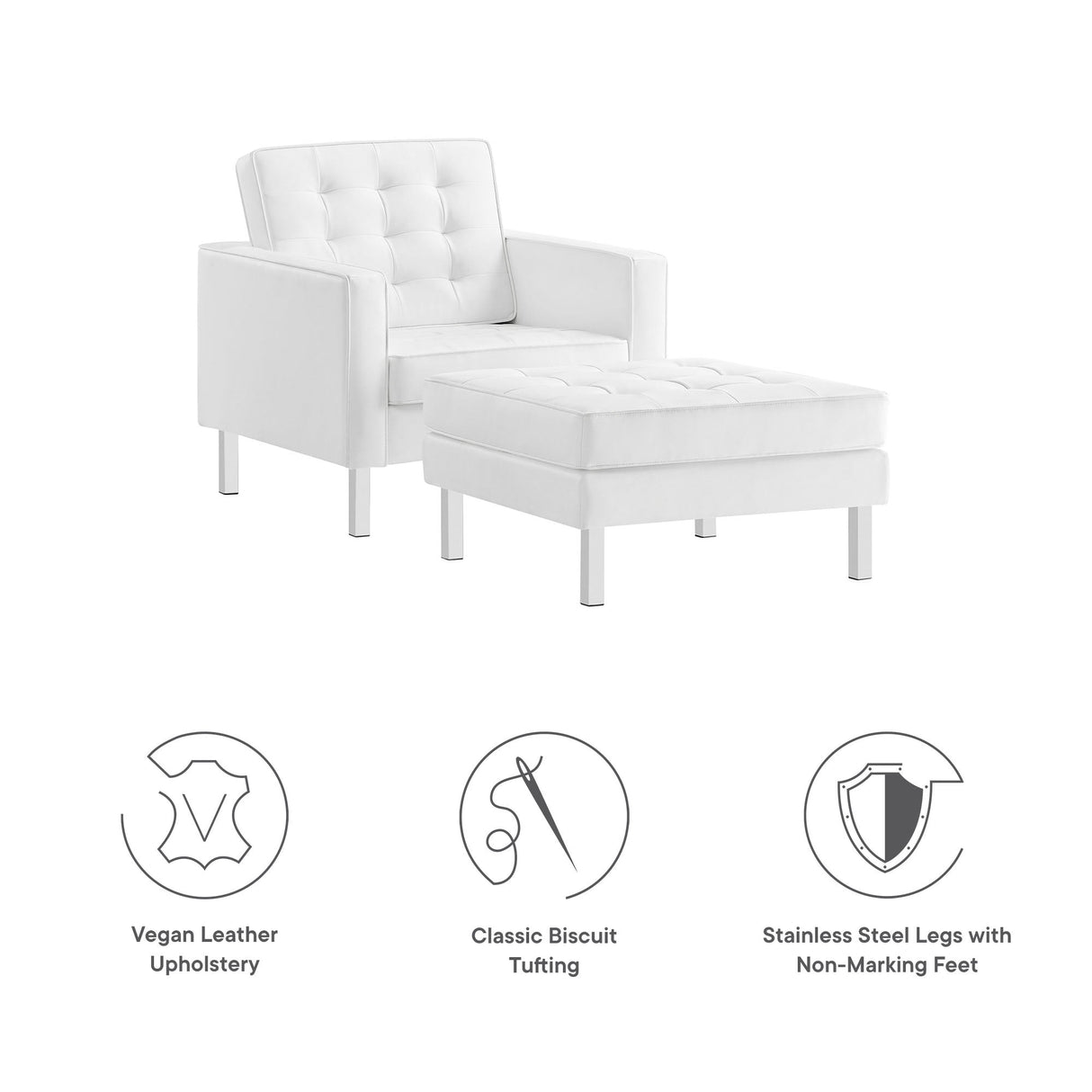 58 Inch Tufted Vegan Leather Armchair and Ottoman Set