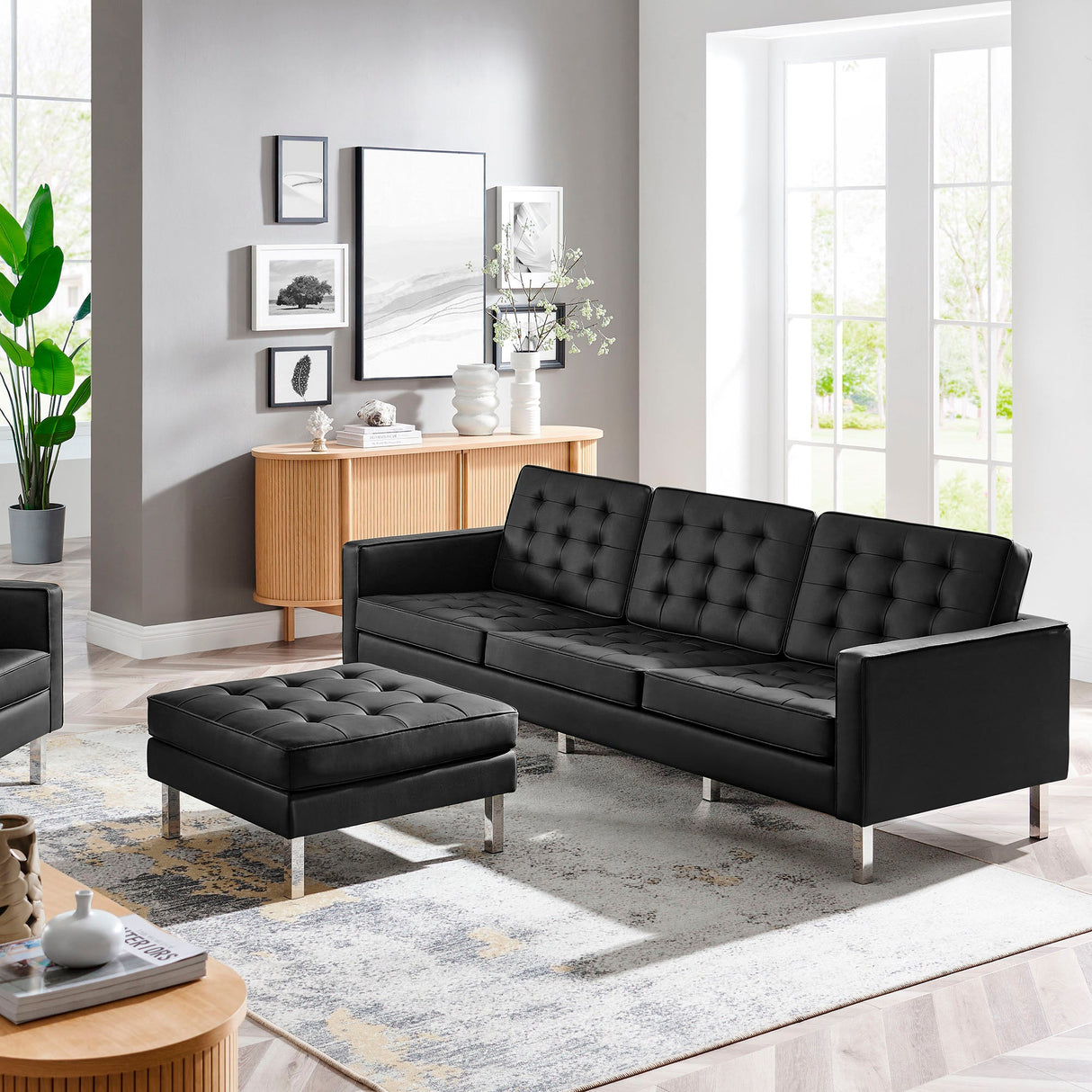 2 Piece 119" Tufted Vegan Leather Sofa and Ottoman Set