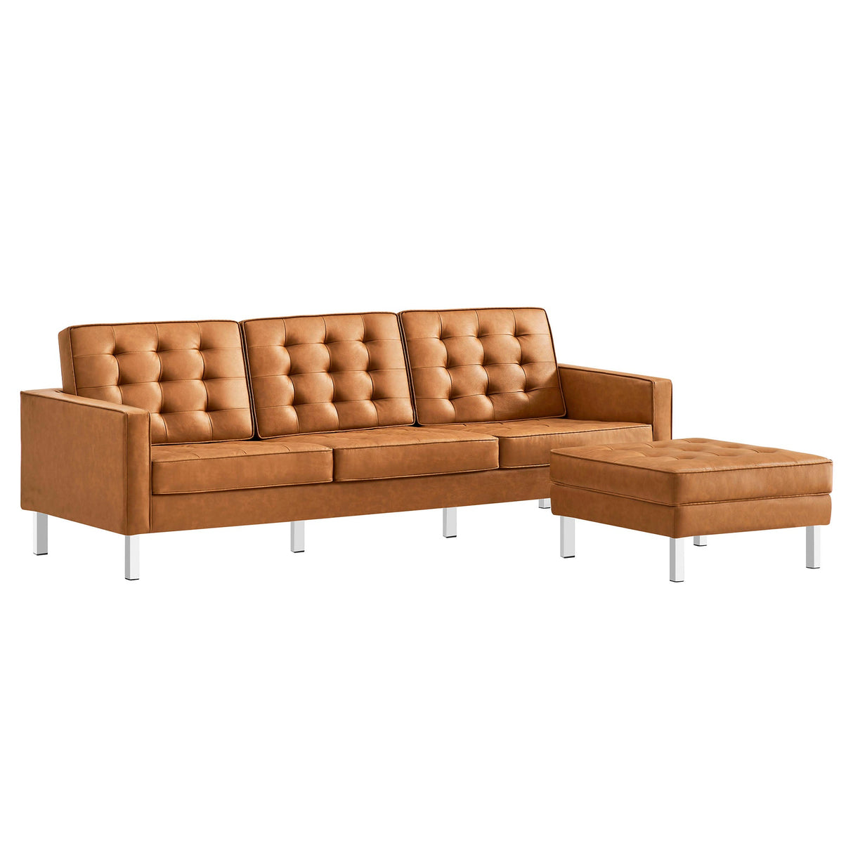 2 Piece 119" Tufted Vegan Leather Sofa and Ottoman Set