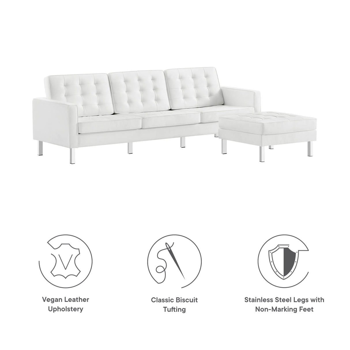 2 Piece 119" Tufted Vegan Leather Sofa and Ottoman Set