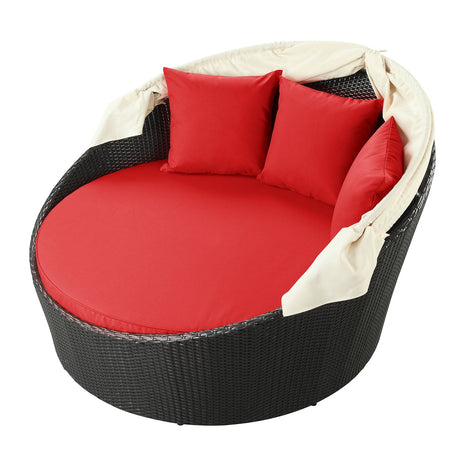 63" Espresso and Red Outdoor Rattan Canopy Daybed - Outdoor - Alpine Outlets
