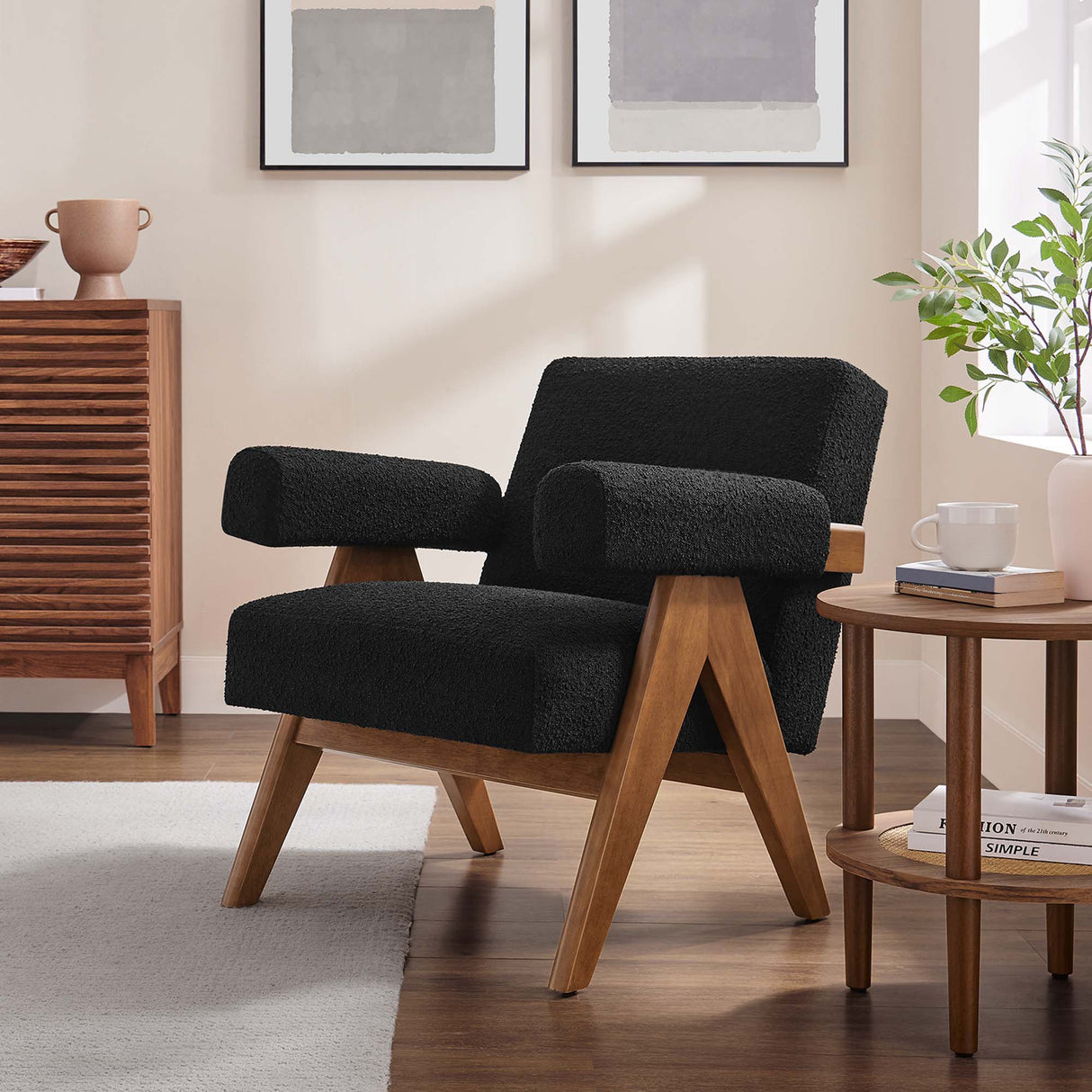 28 Inch Boucle Fabric Armchair with V-Shaped Wood Legs