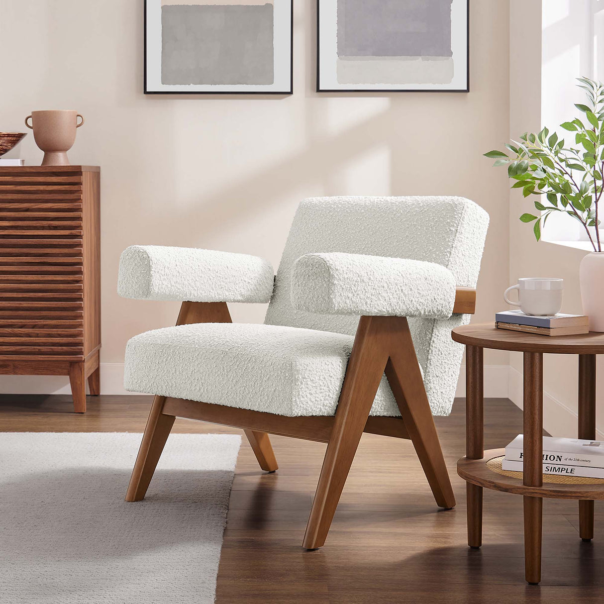 28 Inch Boucle Fabric Armchair with V-Shaped Wood Legs