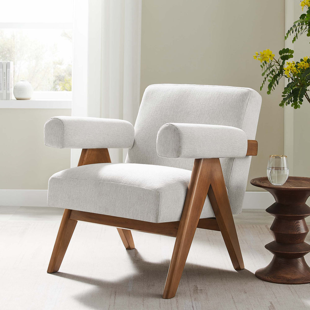 28 Inch Woven Heathered Fabric Armchair with Wood Legs